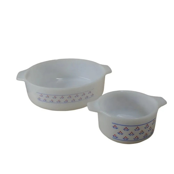 Dynaware Pry-O Rey Milk Glass  Casserole/Bowl Set of 2 - Picture 1 of 14